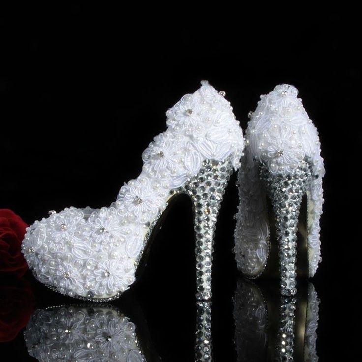 Wedding - Elegant Lace Wedding Bridal Shoes Prom Party Heels Shoes With Crystal & Pearls