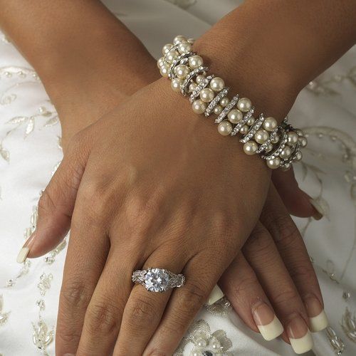 زفاف - NWT Rhinestone & White Pearl Bridal Wedding Bracelet