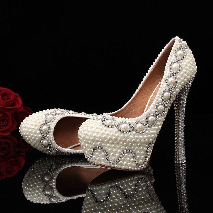 Hochzeit - Ivory/white Pearl Rhinestone Diamante Bridal Prom Party Shoes Multiple Choices