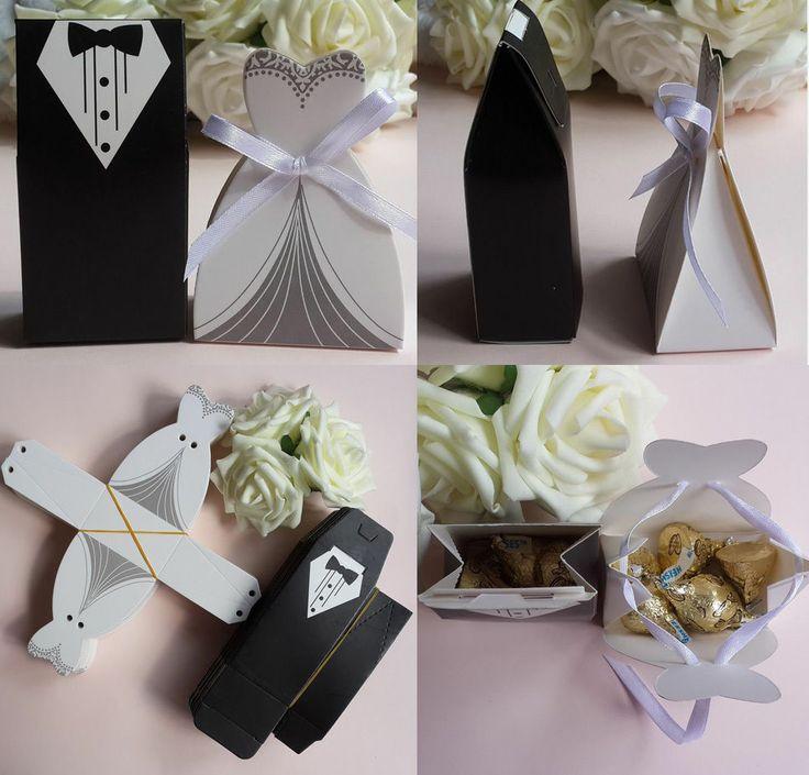 Wedding - 50pcs Tuxedo Dress Groom Bridal Wedding Party Favor Gift Ribbon Candy Boxes