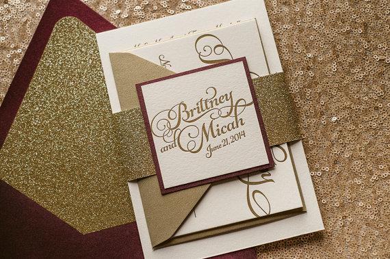 Hochzeit - Wine & Gold Fall Wedding Invitation, Gold Glitter Wedding Invite, Calligraphy Invitation, Burgundy Invitation - Sample Set - New