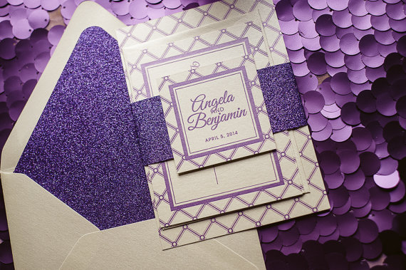Hochzeit - Purple Wedding Invitation, Purple Glitter Wedding Invite, Lattice Pattern Invitation - Sample Set - New