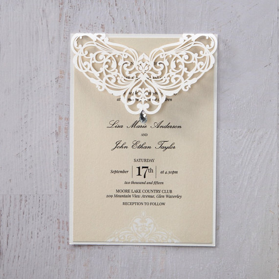 زفاف - Jeweled Romance Laser Cut - Wedding Invitation Sample (IWP14008-YW) - New