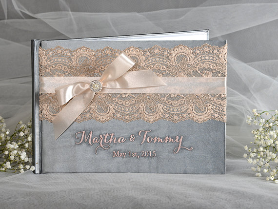 Wedding - Wedding Guestbook,  Grey and Peach  Wedding Guest Book, Peach Lace Guestbook, Custom Guestbook, Vintage guestbook - New