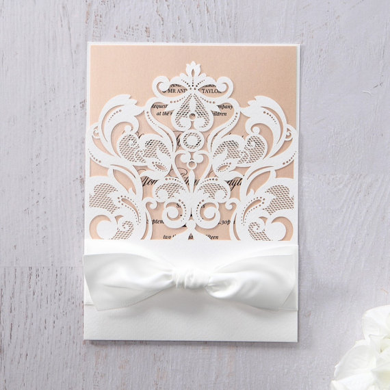 Hochzeit - Classy Laser Cut with White Bow - Wedidng Invitation Sample (IWP14081-OG) - New