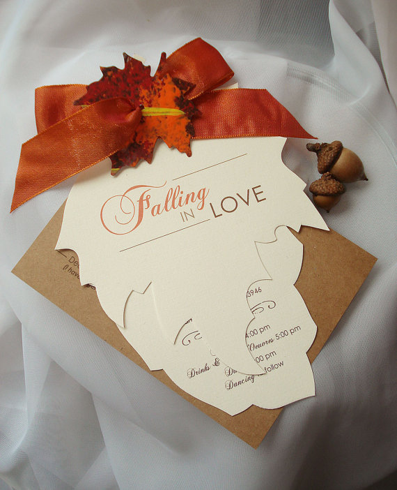 Hochzeit - FALLING IN LOVE Hand Cut Autumn Leaf Wedding Invitation - Sample - New