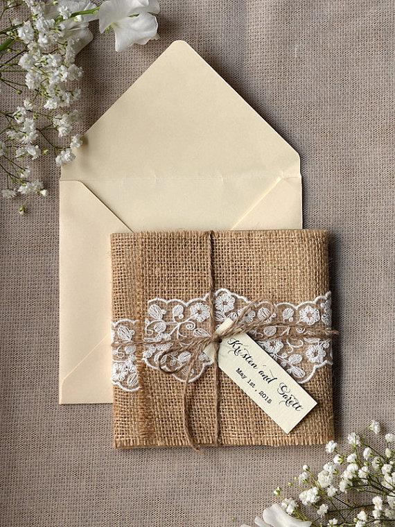 Mariage - Custom listing (100) Eco Recycling Lace Wedding Invitation,Burlap Wedding Invitations , Rustic Wedding invitation - New