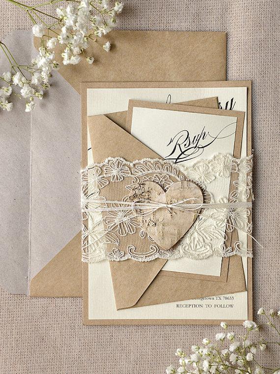 Hochzeit - Rustic Lace Wedding Invitation -  Calligraphy Wedding Invitations