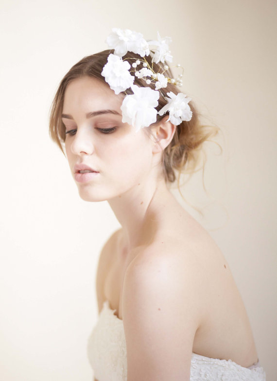 زفاف - Carre White Flowers Headpiece  Comb Bridal  Wedding - New