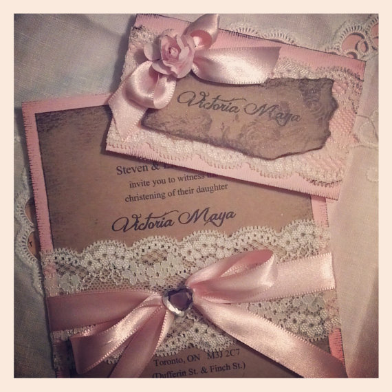 Hochzeit - Hand made lace and satin baptism invitation/wedding invitation - New