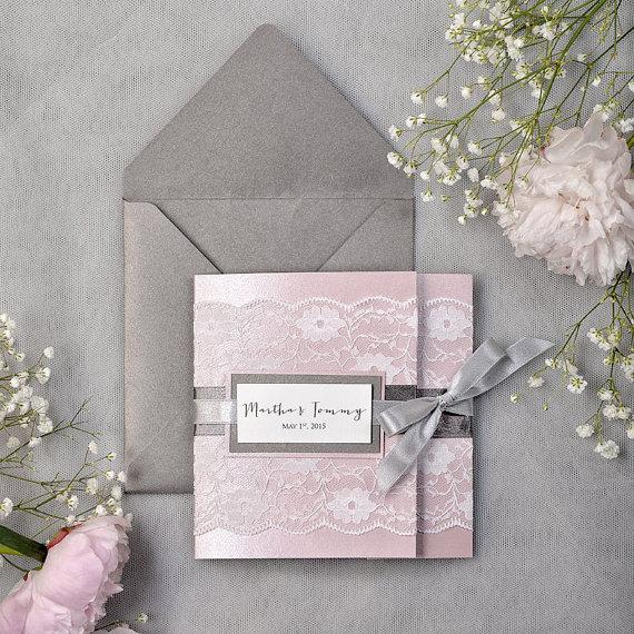 زفاف - Dark Grey and Pink Lace Wedding Invitation EXPRESS ORDER -  Pocket Fold Wedding Invitations