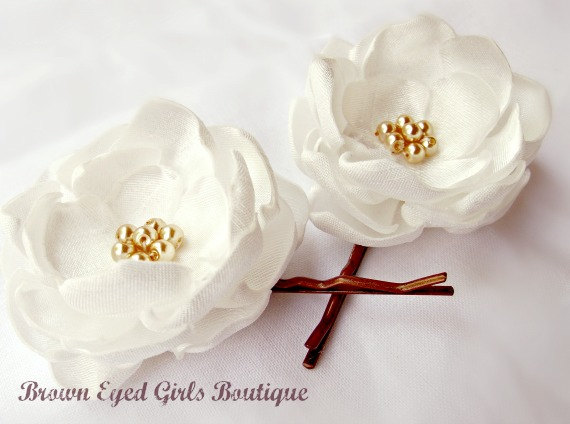 Wedding - Ivory and Champagne Bridal Flower Hair Clip Duo, Ivory and champagne Wedding Hair Accessory, Ivory Bobby Pin, Ivory Bridal Head Piece - New