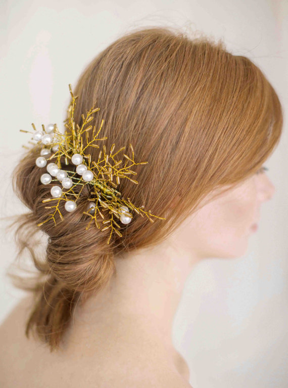 زفاف - Catalina  Hand Beaded Gold Wired Pearl  Headpiece  Bridal  Wedding - New