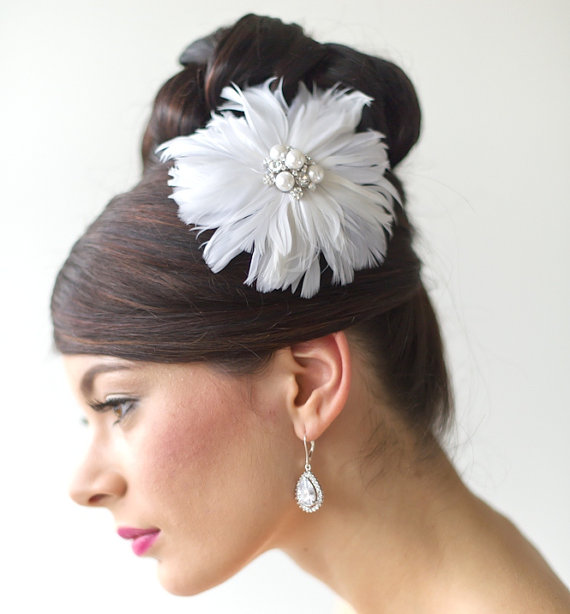 Wedding - Bridal Feather Fascinator, Wedding Feather Head piece, Flower Feather Fascinator, Wedding Hair Accessory - New