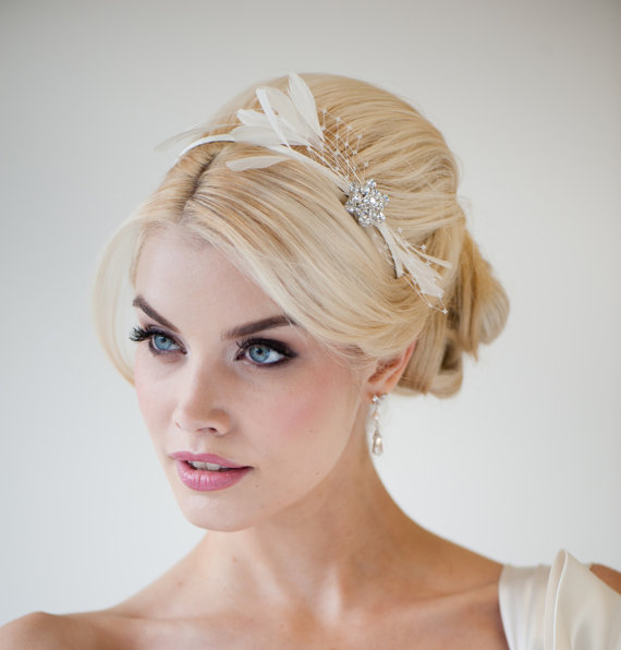 زفاف - Bridal Headband, Feather Headband. Fascinator, Ivory Crystal Headband - WILLOW - New