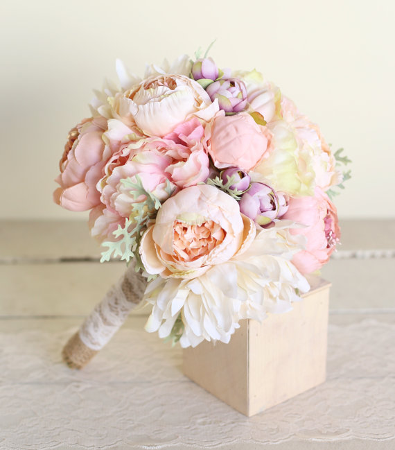 Wedding - Silk Bridal Bouquet Pink Peonies Dusty Miller Garden Rustic Chic Wedding NEW 2014 Design by Morgann Hill Designs - New