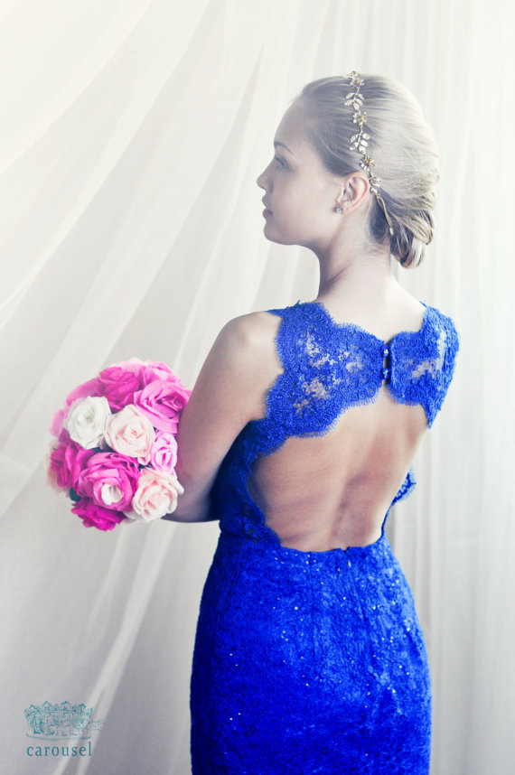 زفاف - Blue lace evening dress, open back dress - New