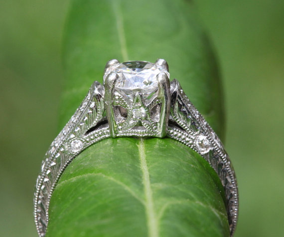 زفاف - Certified PLATINUM Diamond Engagement Ring - 3/4 carat center stone - Vintage - weddings - brides - ART DECO - Bpt09 - New