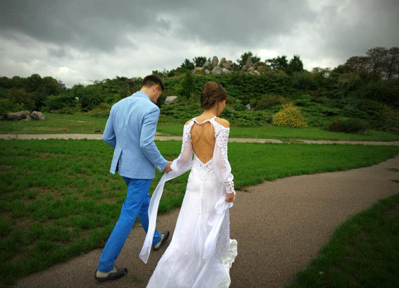 زفاف - Long Wedding Dress -  Ivory Wedding Gown With Open Back
