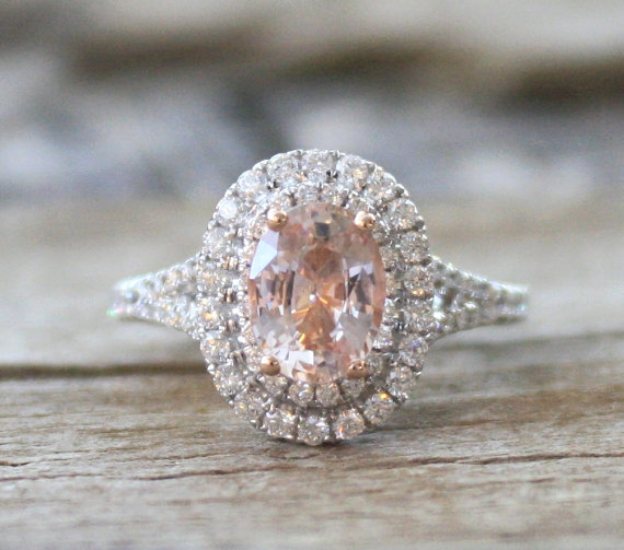 زفاف - Oval Padparadscha Sapphire Diamond Split Shank Engagement Ring in 18K White Gold - New