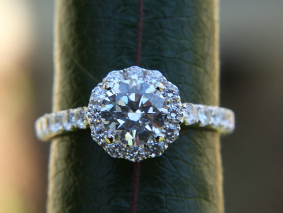 زفاف - Diamond Engagement Ring - 14k CUSTOM Made - 1.12 carat  Round - Flower Halo - Pave - Antique Style - Bp0014 - New