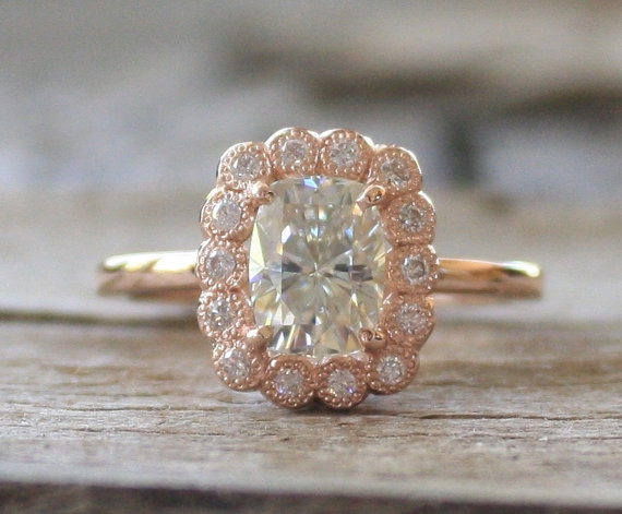 زفاف - Cushion Cut Moissanite Diamond Engagement Ring in 14K Rose Gold - New