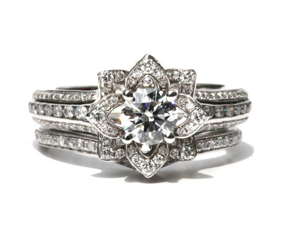 Wedding - Wedding SET - Gorgeous UNIQUE Flower Rose Diamond Engagement Ring and Wedding band set - 2.55 carats - 14K white gold - custom made - fL01-S - New