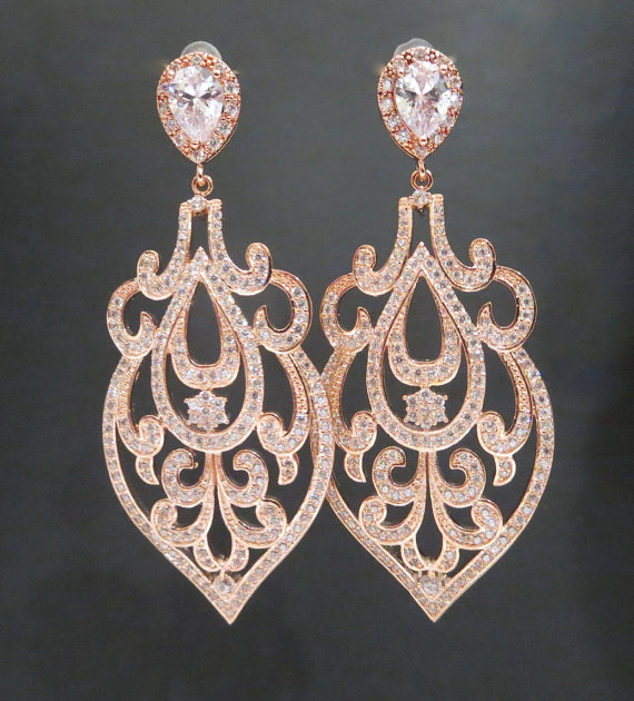 Wedding - Rose Gold Wedding Earrings, Rose Gold chandelier earrings, Bridal earrings, Wedding jewelry, Art Deco Earrings, Statement earrings, AMELIA - New