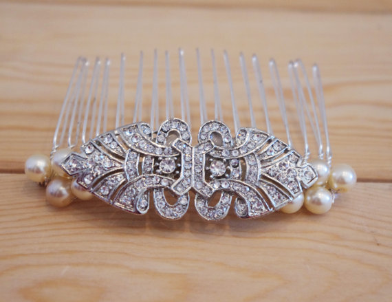 Mariage - Art Deco Pearl and Rhinestone Bridal Hair Comb - New