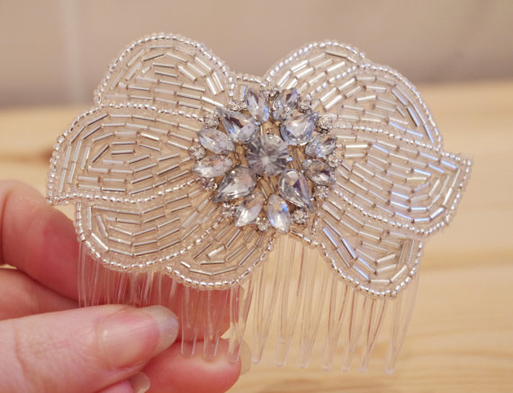 Mariage - Vintage Art Deco Bridal Slide Comb - Beaded Bow Motif and Rhinestone Centre - New