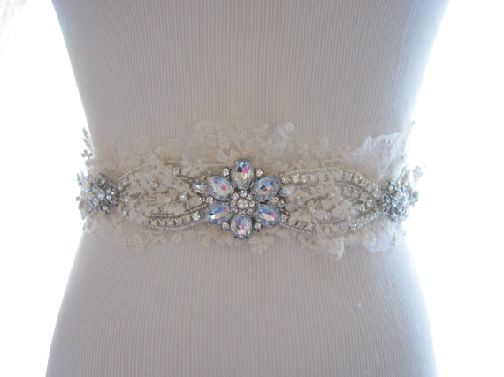 Wedding - Rhinestone and Lace Bridal Belt, Bridal Sash, Wedding Sash, Beaded Rhinestone Applique - New
