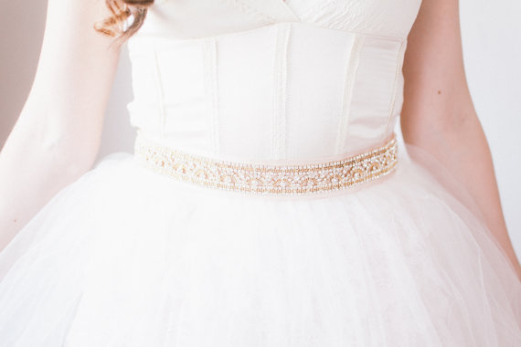 زفاف - Bridal Gold Rhinestone Crystal Sash, Gold Wedding Belt - New
