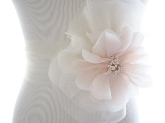 زفاف - Delicate Blush Pink Poppy and Silk Chiffon Bridal Sash, Bridal Belt, Tulle sash - New