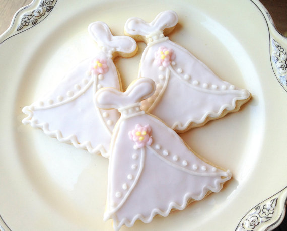 زفاف - Wedding Dress Cookie Sugar Cookie Favor White Wedding Gown Pink Flower - New