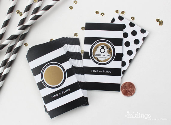 Hochzeit - 24 Scratch Off Bridal Shower Game Cards  // Gold with Black Parisian Stripes - New