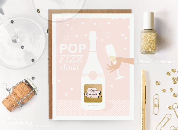 Свадьба - 6 Scratch-off "Pop Fizz Clink" Will You Be My Bridesmaid / Maid of Honor Write-in Invitations // Pink Champagne // Set of 6 - New