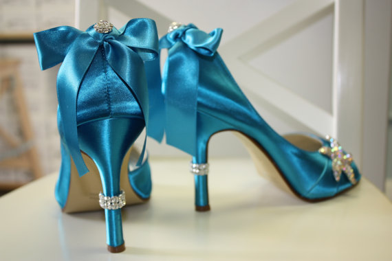 Свадьба - Wedding Shoes - Starfish Crystal - Beach Wedding - Destination Wedding - Blue Shoes - Bows - Peep Toes - Mermaid Shoes - Shoes By Parisxox - New