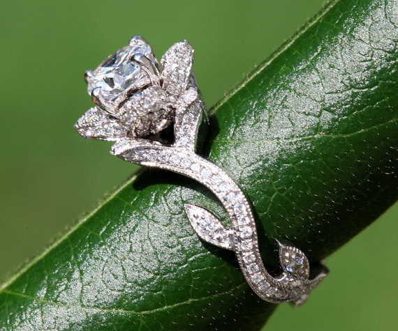 زفاف - BLOOMING Work Of Art - Milgrain Flower Rose Lotus Diamond Engagement Ring - Semi Mount - Setting - 18K white gold - fL07 - Patented - New