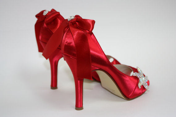 زفاف - Wedding Shoes - Starfish - Red Shoes - Bows On Heels With Crystals - Little Mermaid - Choose From Over 100 Colors - Peep Toes - Wide Sizes - New