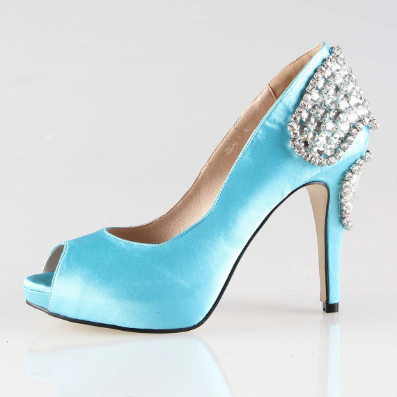 Mariage - Handmad malibu tiffany blue crystal shoes wedding shoes party shoes " love "  peep toe prom pumps - New