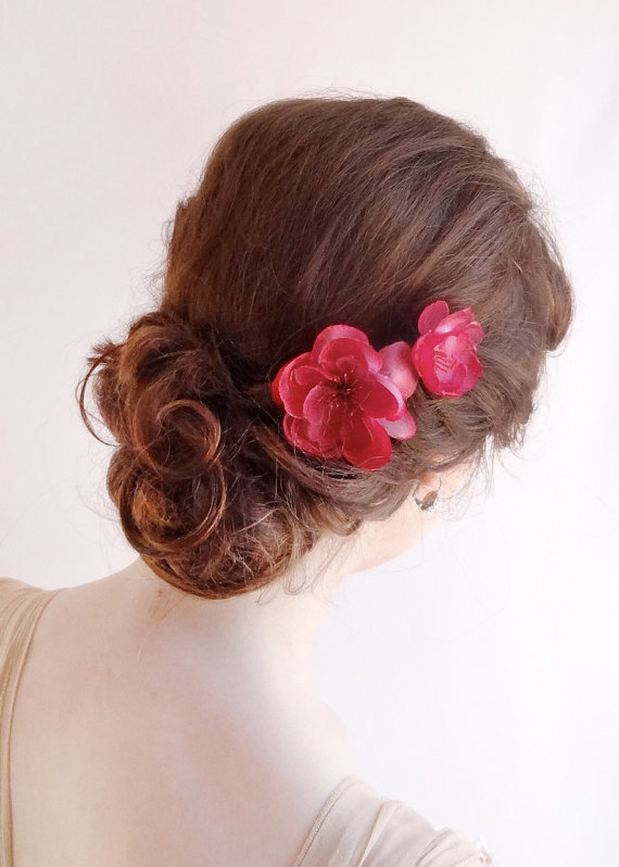 زفاف - raspberry pink hair pins -  bright pink flower hair accessories