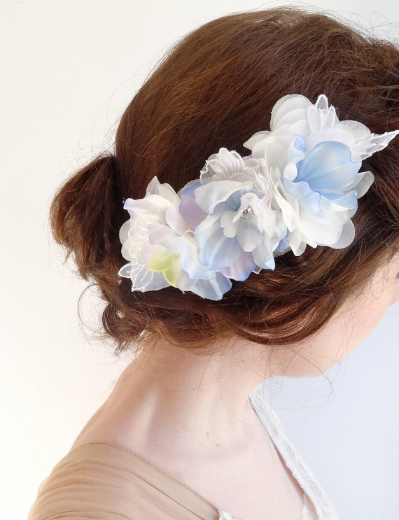 زفاف - light blue hair accessories, flower hair clips, bridal hair accessory, blue wedding hair comb, periwinkle bridal hairpiece, with crystals - New