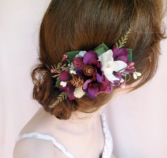 زفاف - eggplant hair accessories, rustic bridal hairpiece, purple hair accessory, floral bridal clip, aubergine -THISTLE- woodland bridal headpiece - New