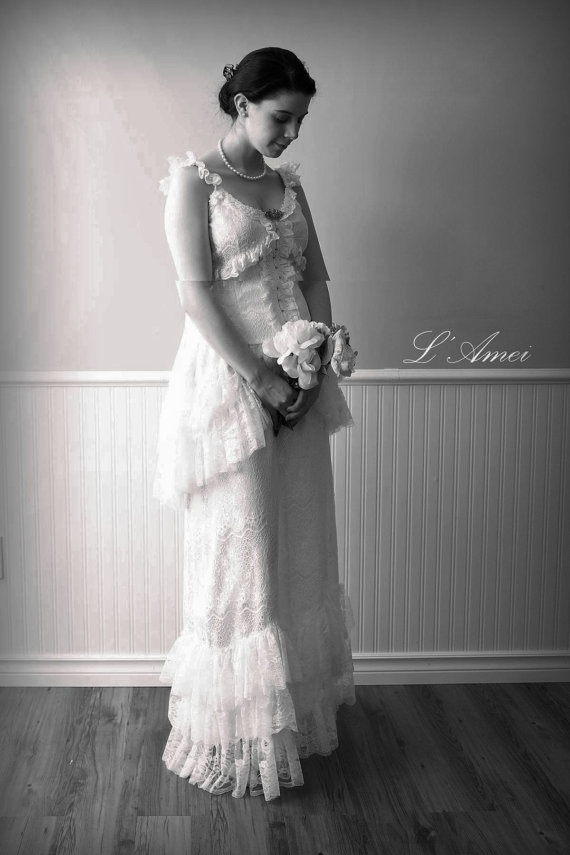زفاف - Vintage Retro Victorian Style Custom Made Lace Wedding Dress - New