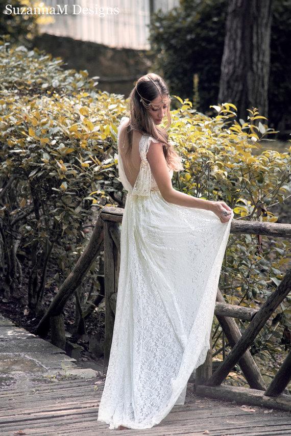 Hochzeit - Wedding Dress Beautiful Lace Wedding Long Gown Boho Gown Bridal Gypsy Wedding Dress - Handmade by SuzannaM Designs - New