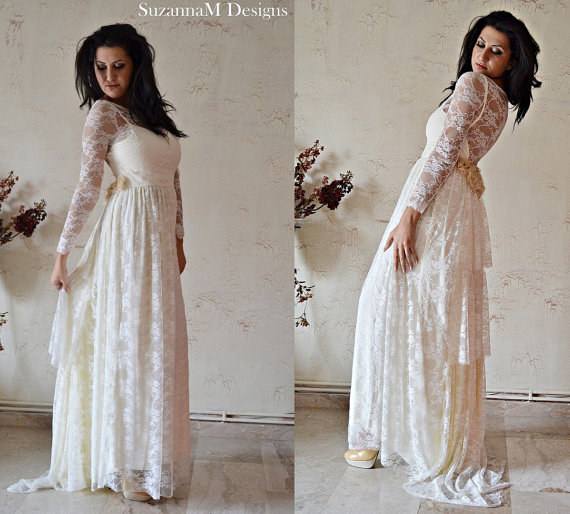 زفاف - Ivory Lace Bohemian Wedding Dress Maxi Bridal Wedding Gown - Handmade by SuzannaM Designs - New