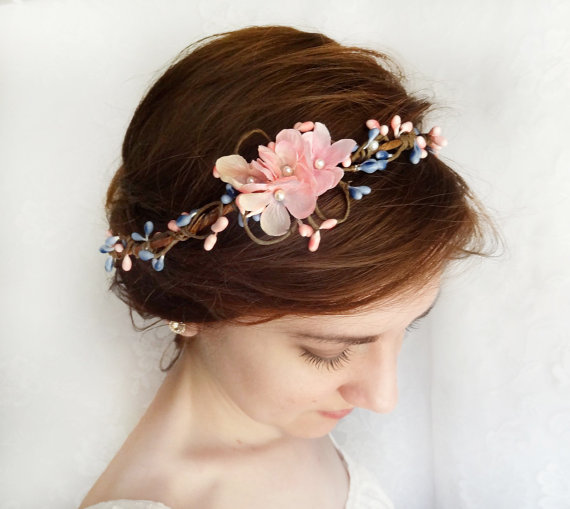 Wedding - pink and blue floral circlet hairband