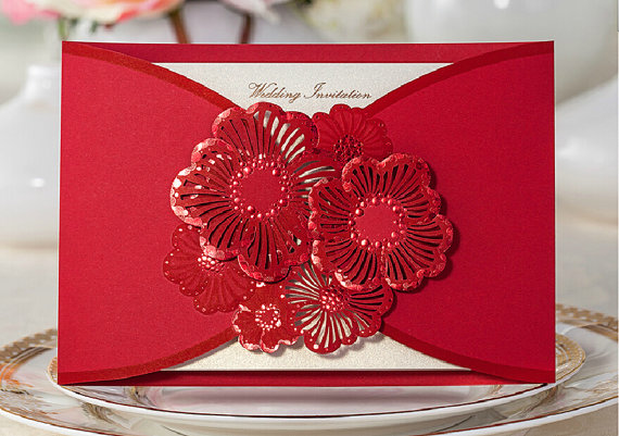 Hochzeit - 50 Red Flower Lace Wedding Invitation