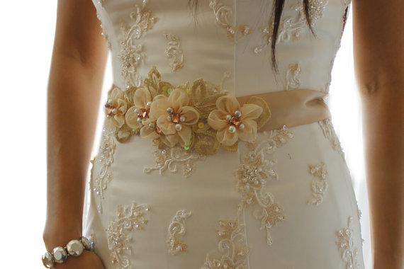 زفاف - Light  Golden  Wedding Bridal Sash Belt with Rhinestone Crystals and flower - New
