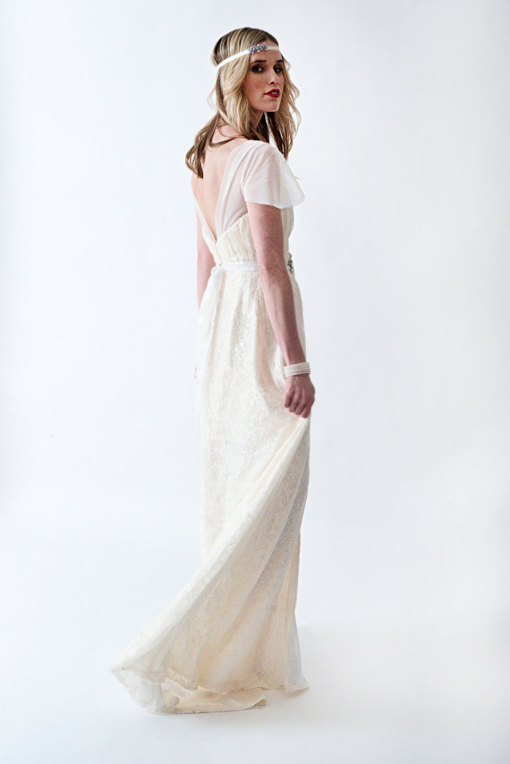 Wedding - Sample Sale: Lace Boho or Country Chic Wedding Dress with Cap Sleeves Open Back  High Slit - New